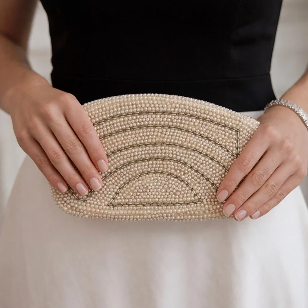 Vintage 50s Ricci Ivory Pearl Beaded Clutch Evening Purse